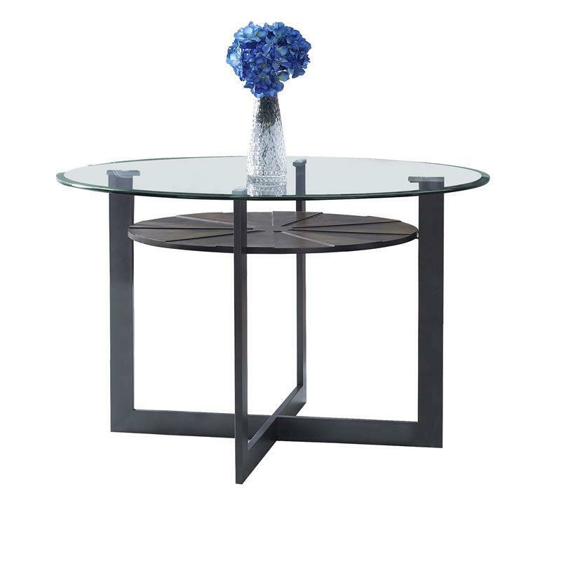 Dining Table, Glass/dark metal base/medium brown. Picture 1