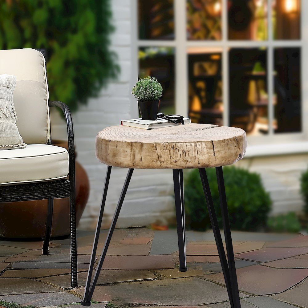 Natural Faux Wood Top with Black Metal Legs Side Table, Indoors and Outdoors. Picture 12