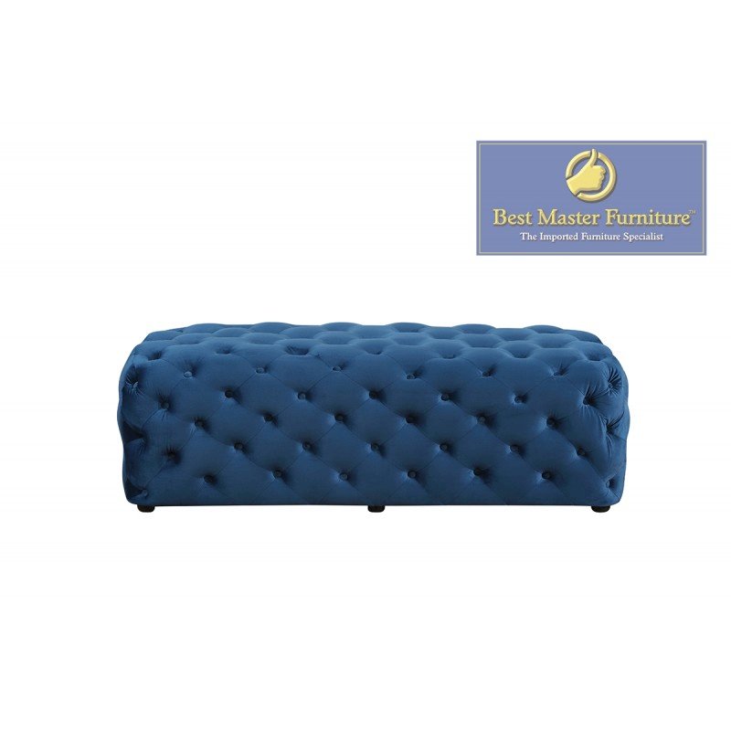 Best Master Furniture Parisa 53" Rectangular Tufted Velvet Ottoman in Blue. Picture 2