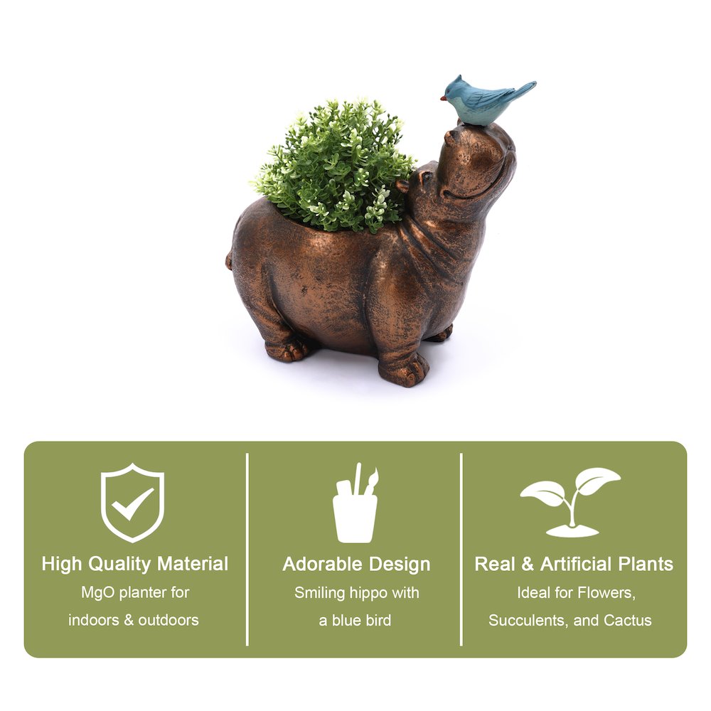 Brown Hippo and Blue Bird MgO Flower Pot Planter. Picture 5