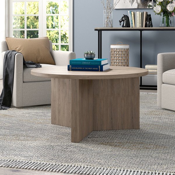 Anders 32" Wide Round Coffee Table in Antiqued Gray Oak. Picture 4