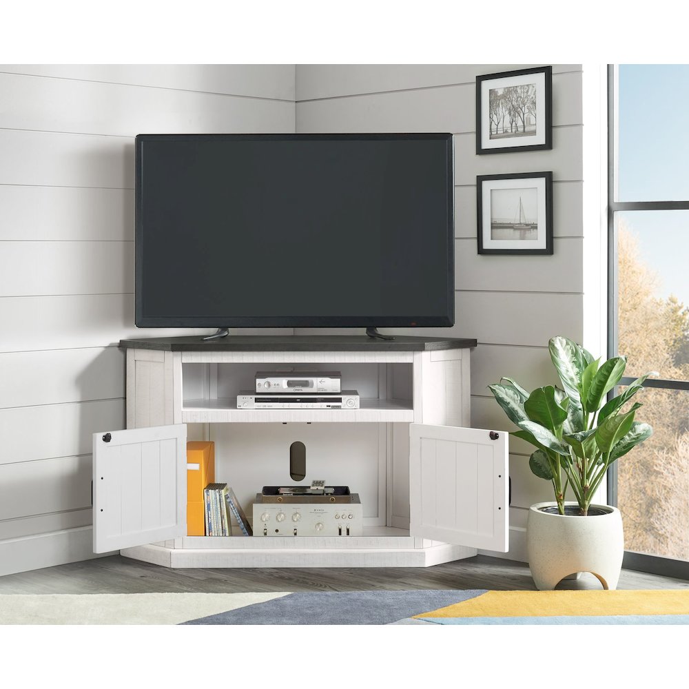 Martin Svensson Home Rustic Corner TV Stand, White Stain with Grey Top. Picture 3