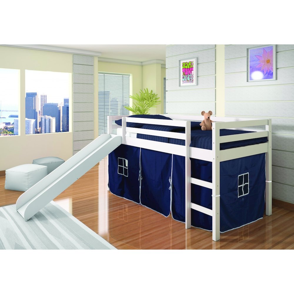 TWIN PANEL LOW LOFT BED WITH SLIDE IN TWO-TONE GREY/WHITE FINISH & BLUE TENT KIT. Picture 1
