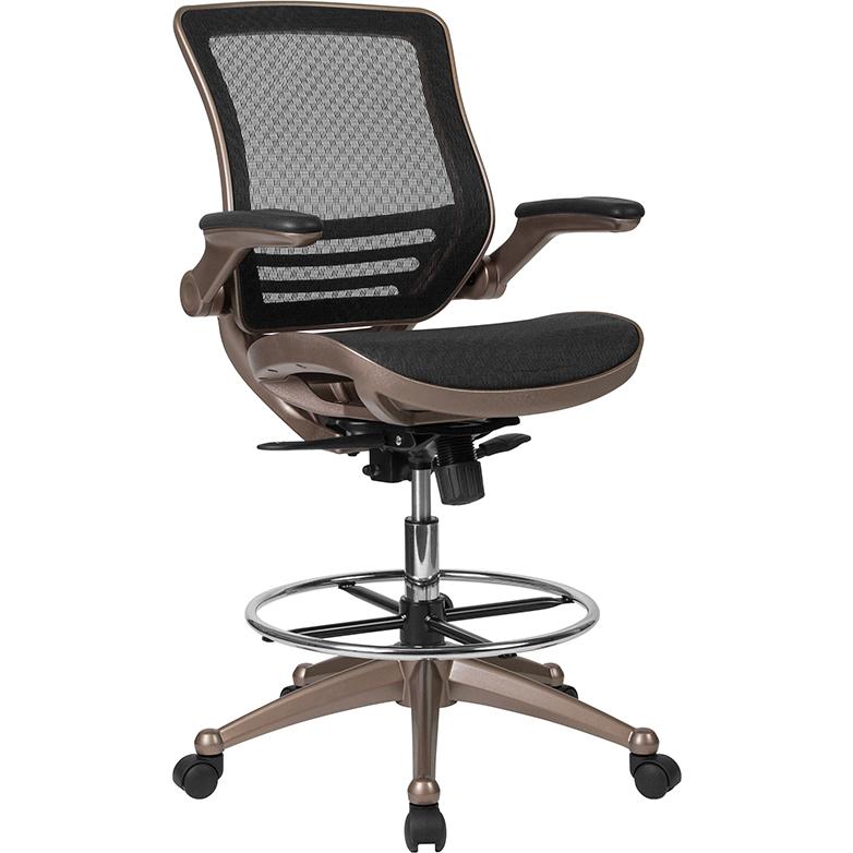 Mid-Back Transparent Black Mesh Drafting Chair with Melrose Gold Frame and Flip-Up Arms. The main picture.