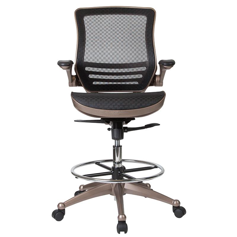 Mid-Back Transparent Black Mesh Drafting Chair with Melrose Gold Frame and Flip-Up Arms. Picture 4