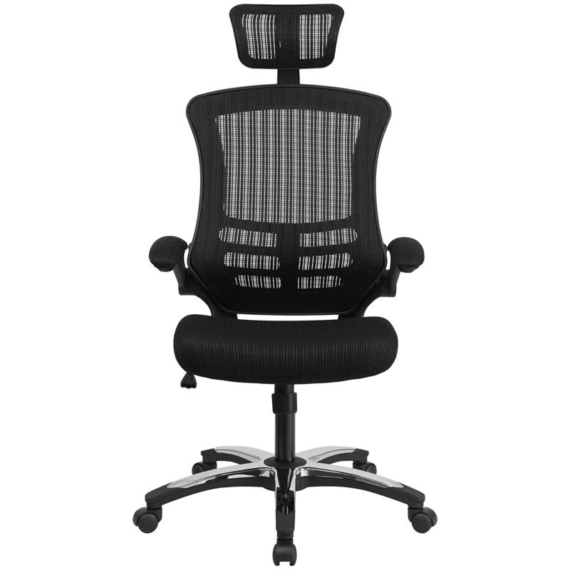High-Back Black Mesh Swivel Ergonomic Executive Office Chair with Flip-Up Arms and Adjustable Headrest, BIFMA Certified. Picture 4