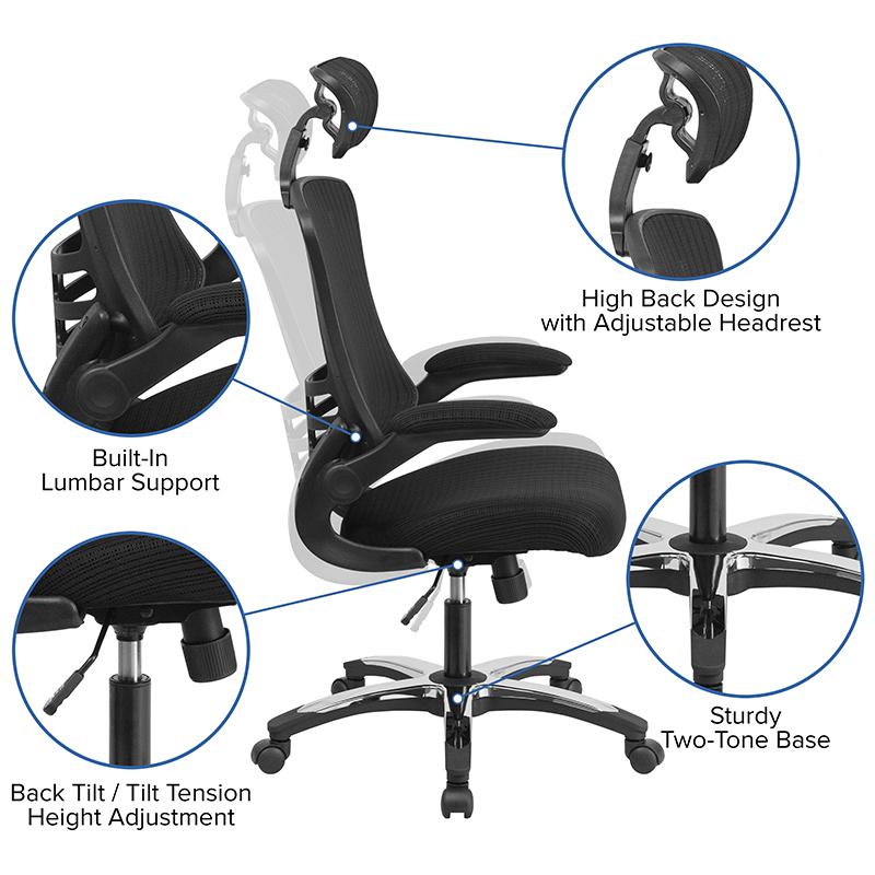 High-Back Black Mesh Swivel Ergonomic Executive Office Chair with Flip-Up Arms and Adjustable Headrest, BIFMA Certified. Picture 5