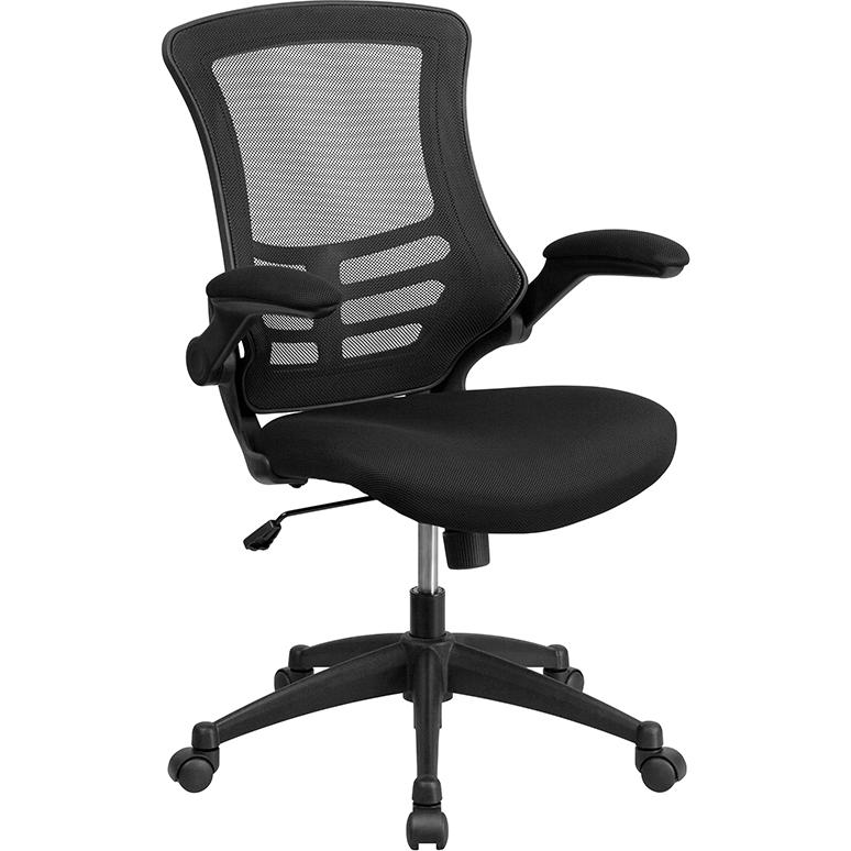 Mid-Back Black Mesh Swivel Ergonomic Task Office Chair with Flip-Up Arms. Picture 1