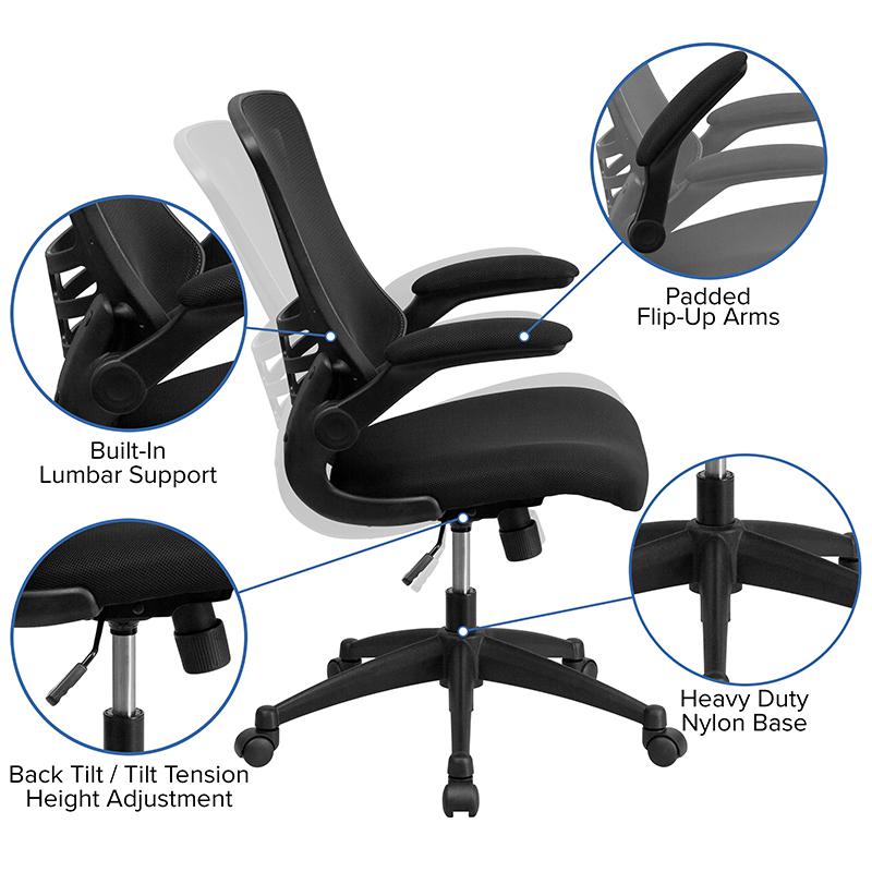 Mid-Back Black Mesh Swivel Ergonomic Task Office Chair with Flip-Up Arms. Picture 5
