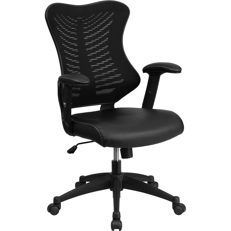 High Back Designer Black Mesh Executive Swivel Ergonomic Office Chair with LeatherSoft Seat and Adjustable Arms. Picture 1