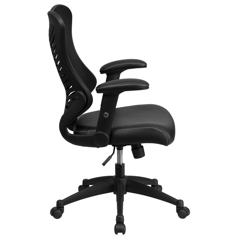 High Back Designer Black Mesh Executive Swivel Ergonomic Office Chair with LeatherSoft Seat and Adjustable Arms. Picture 2