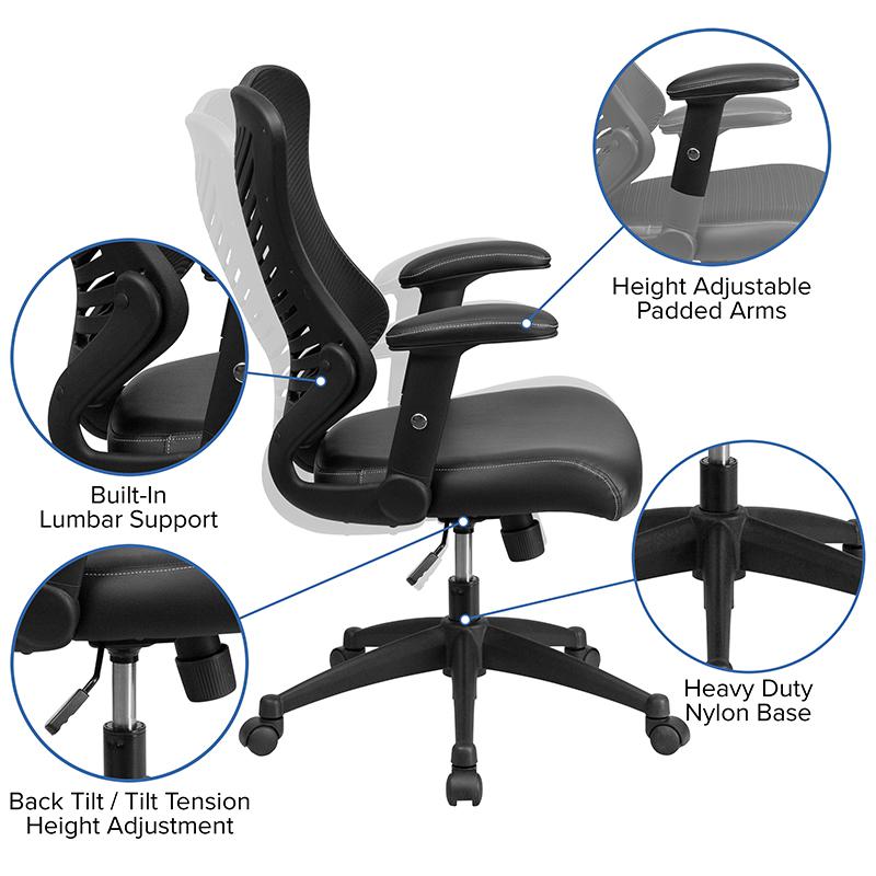 High Back Designer Black Mesh Executive Swivel Ergonomic Office Chair with LeatherSoft Seat and Adjustable Arms. Picture 5