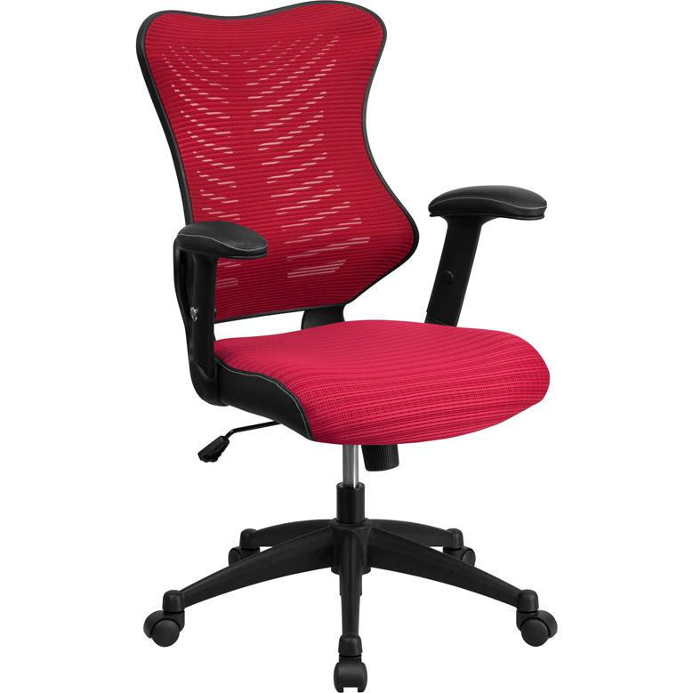 High Back Designer Burgundy Mesh Executive Swivel Office Chair. Picture 1