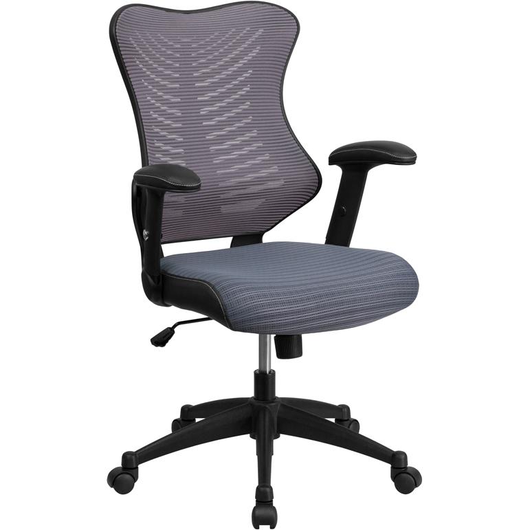 High Back Designer Gray Mesh Executive Swivel Office Chair with Adjustable Arms. Picture 1
