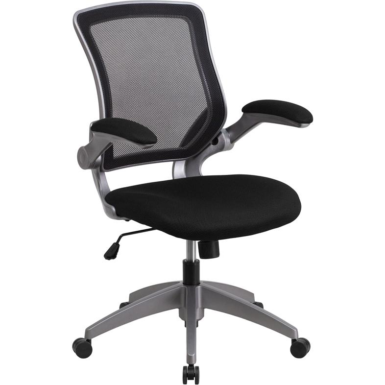 Mid-Back Black Mesh Swivel Task Office Chair with Gray Frame and Flip-Up Arms. Picture 1