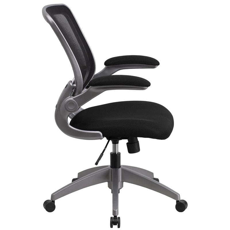 Mid-Back Black Mesh Swivel Task Office Chair with Gray Frame and Flip-Up Arms. Picture 2