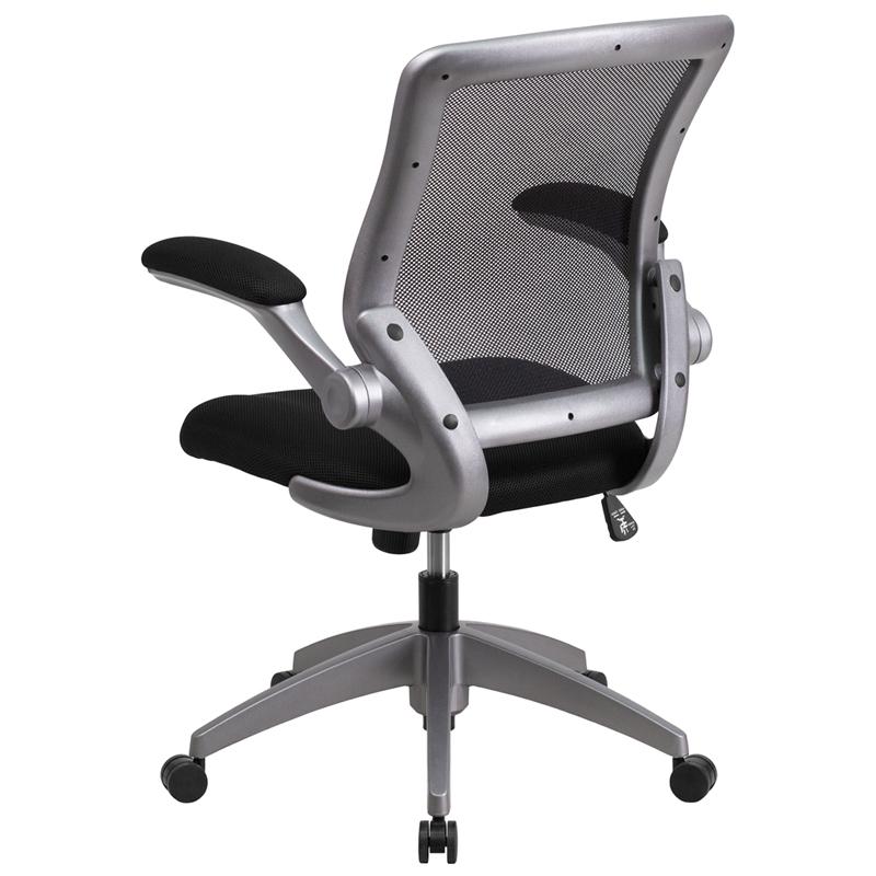 Mid-Back Black Mesh Swivel Task Office Chair with Gray Frame and Flip-Up Arms. Picture 3