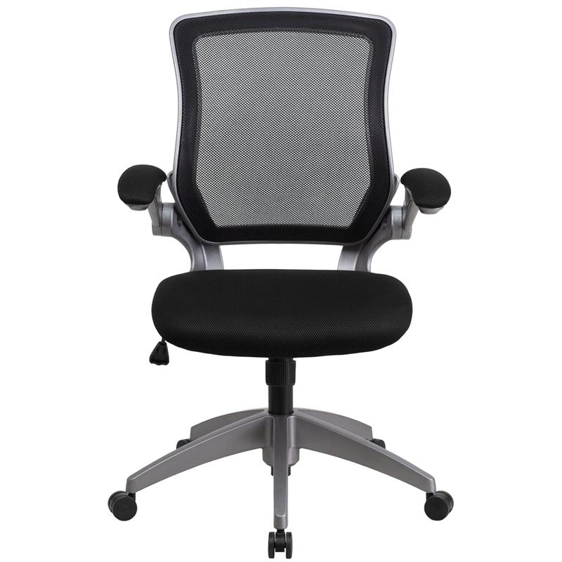 Mid-Back Black Mesh Swivel Task Office Chair with Gray Frame and Flip-Up Arms. Picture 4