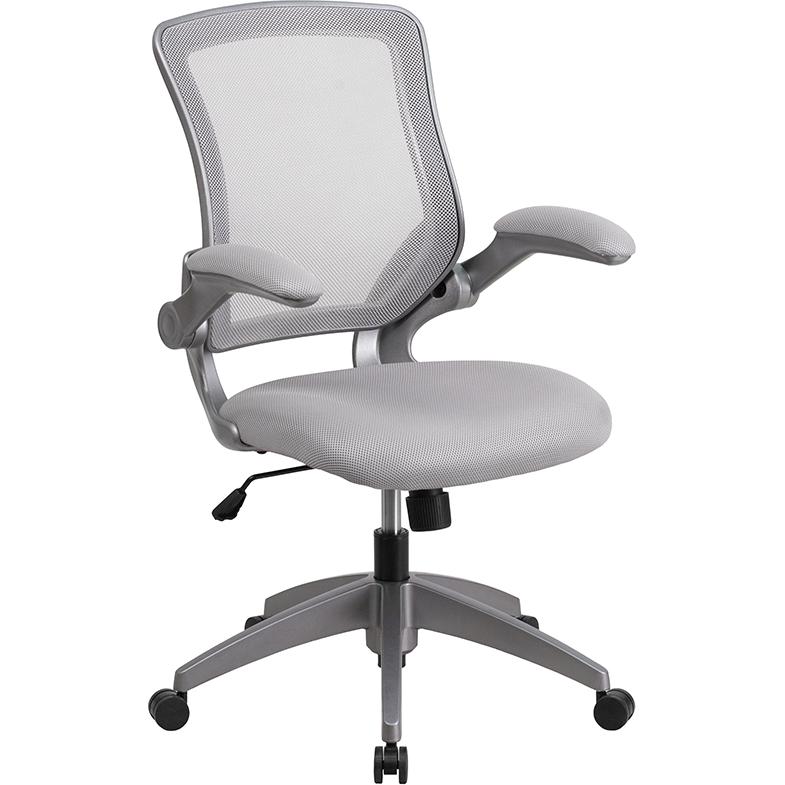 Mid-Back Gray Mesh Swivel Task Office Chair with Gray Frame and Flip-Up Arms. Picture 1