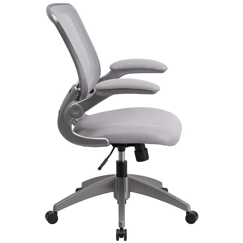 Mid-Back Gray Mesh Swivel Task Office Chair with Gray Frame and Flip-Up Arms. Picture 2