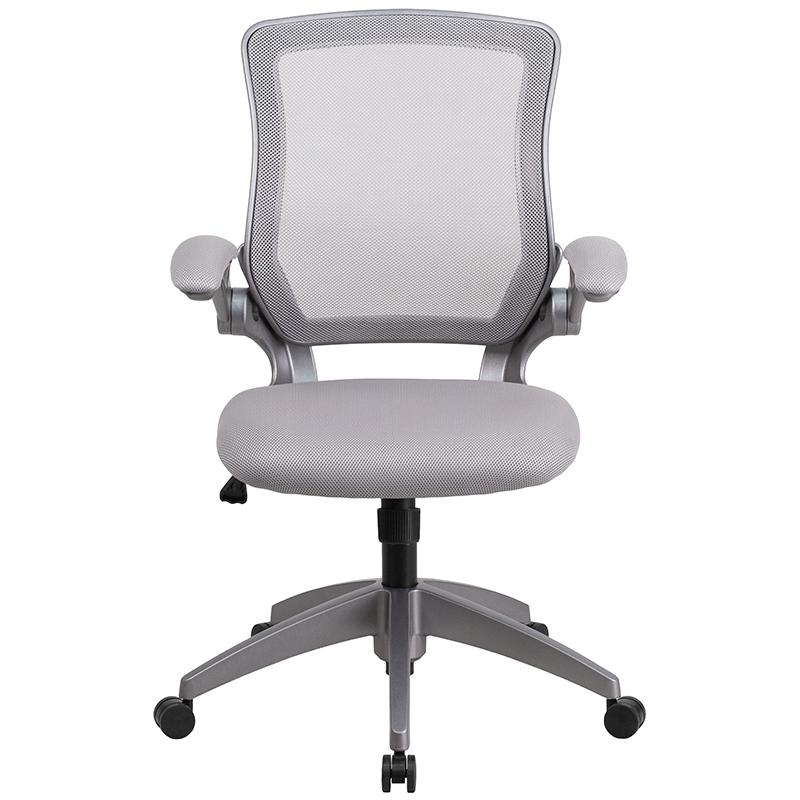 Mid-Back Gray Mesh Swivel Task Office Chair with Gray Frame and Flip-Up Arms. Picture 4