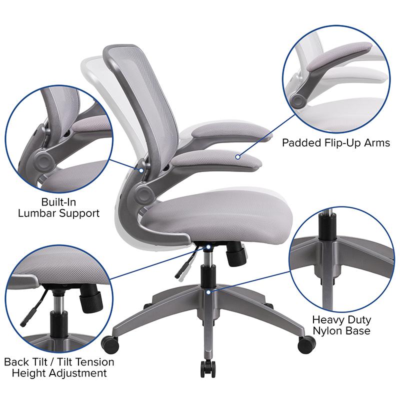 Mid-Back Gray Mesh Swivel Task Office Chair with Gray Frame and Flip-Up Arms. Picture 5