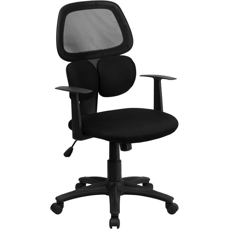 Mid-Back Black Mesh Swivel Task Office Chair with Flexible Dual Lumbar Support and Arms. Picture 1