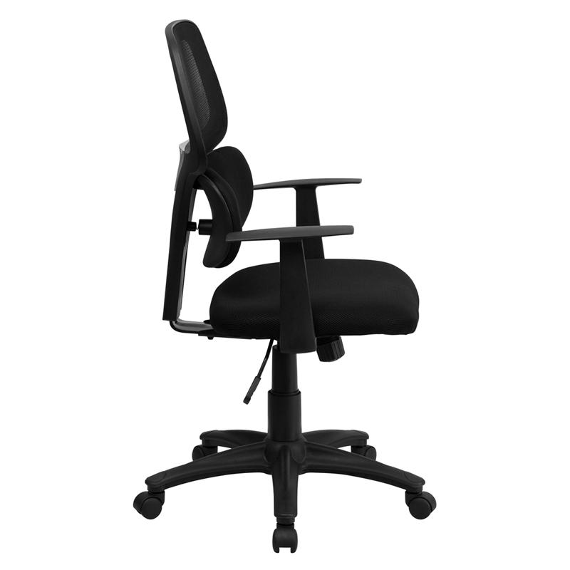Mid-Back Black Mesh Swivel Task Office Chair with Flexible Dual Lumbar Support and Arms. Picture 2