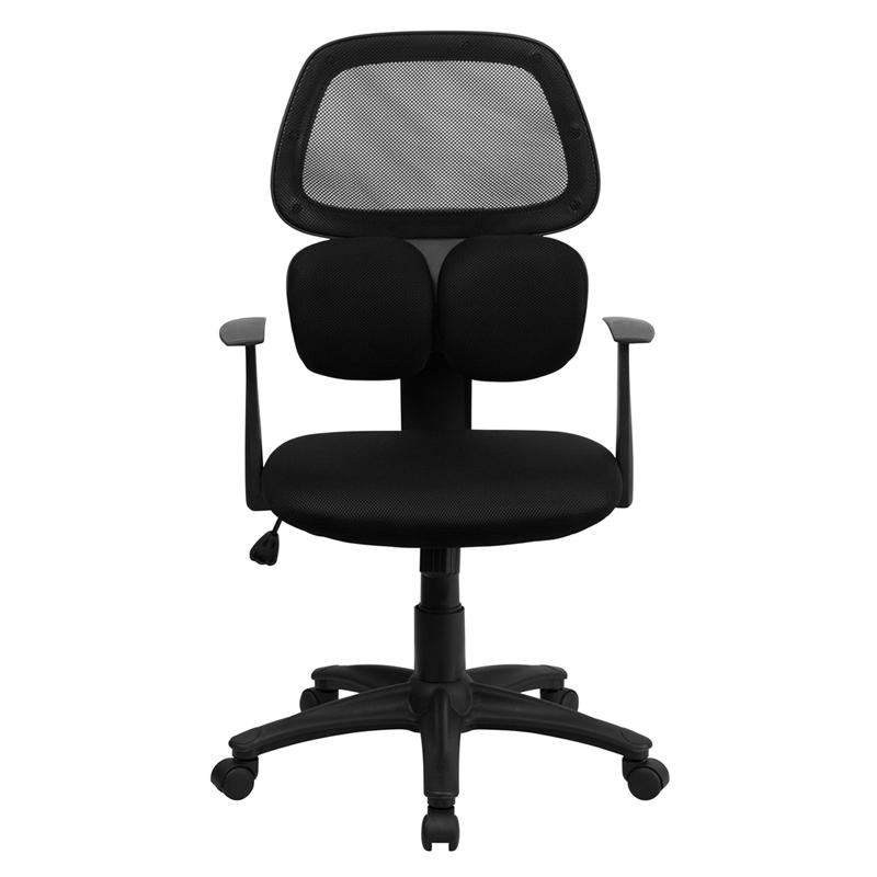 Mid-Back Black Mesh Swivel Task Office Chair with Flexible Dual Lumbar Support and Arms. Picture 4