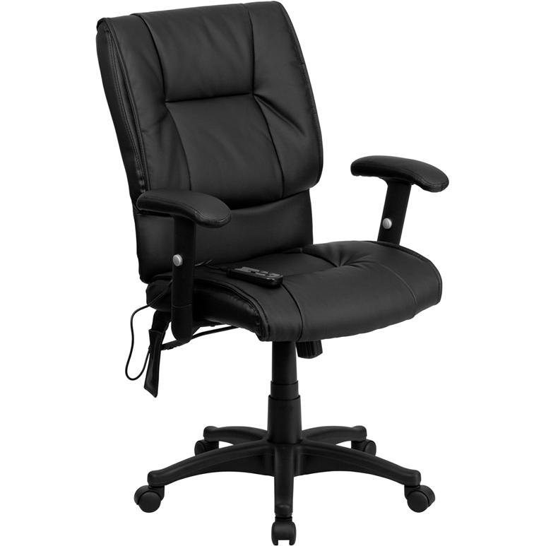 Mid-Back Ergonomic Massaging Black LeatherSoft Executive Swivel Office Chair with Adjustable Arms. The main picture.