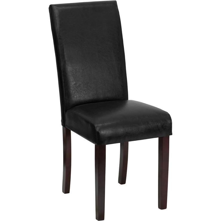 Traditional Black LeatherSoft Upholstered Panel Back Parsons Dining Chair. Picture 1