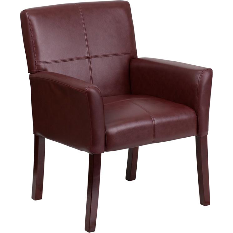 Burgundy LeatherSoft Executive Side Reception Chair with Mahogany Legs. Picture 1