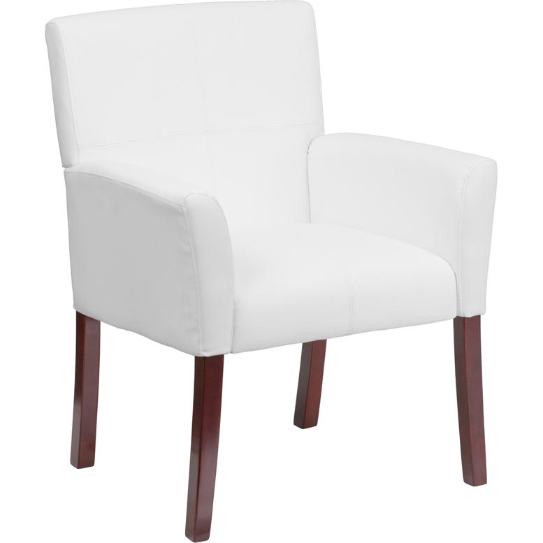 White LeatherSoft Executive Side Reception Chair with Mahogany Legs. Picture 1