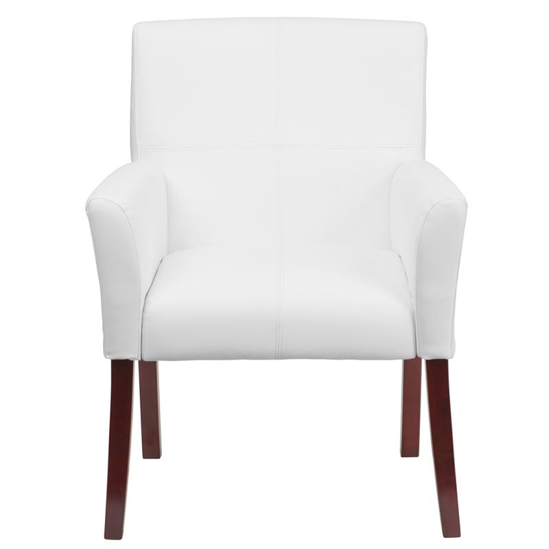 White LeatherSoft Executive Side Reception Chair with Mahogany Legs. Picture 4