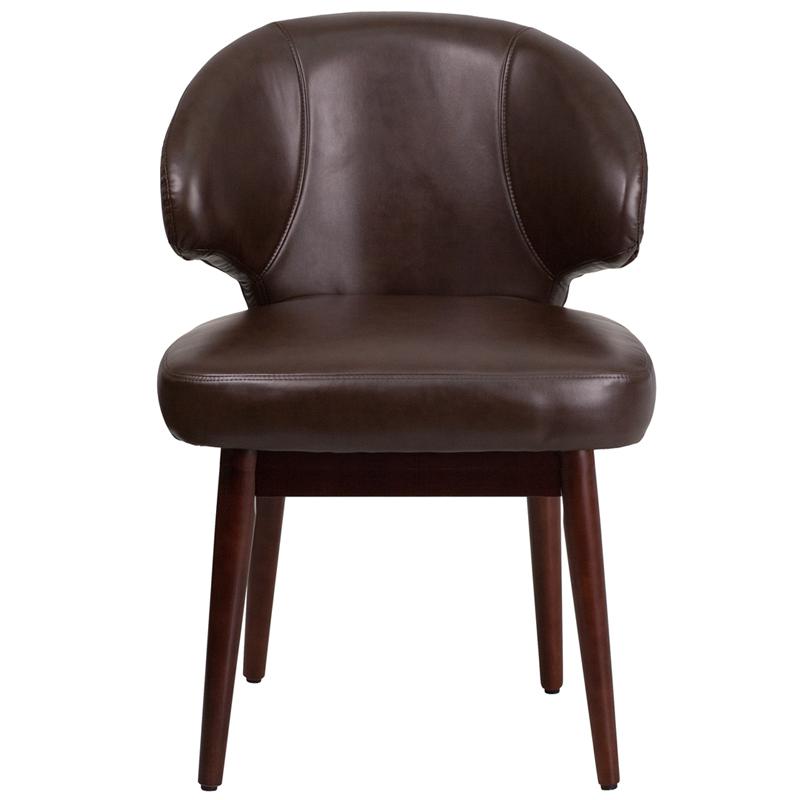 Comfort Back Brown LeatherSoft Side Reception Chair with Walnut Legs. Picture 4