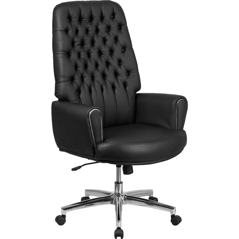 High Back Traditional Tufted Black LeatherSoft Executive Swivel Office Chair with Silver Welt Arms. Picture 1