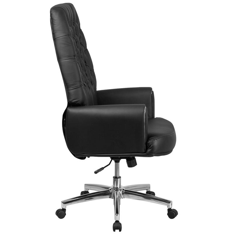 High Back Traditional Tufted Black LeatherSoft Executive Swivel Office Chair with Silver Welt Arms. Picture 2