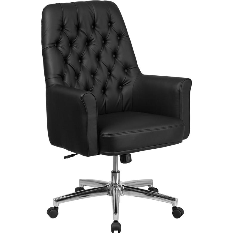 Mid-Back Traditional Tufted Black LeatherSoft Executive Swivel Office Chair with Arms. The main picture.
