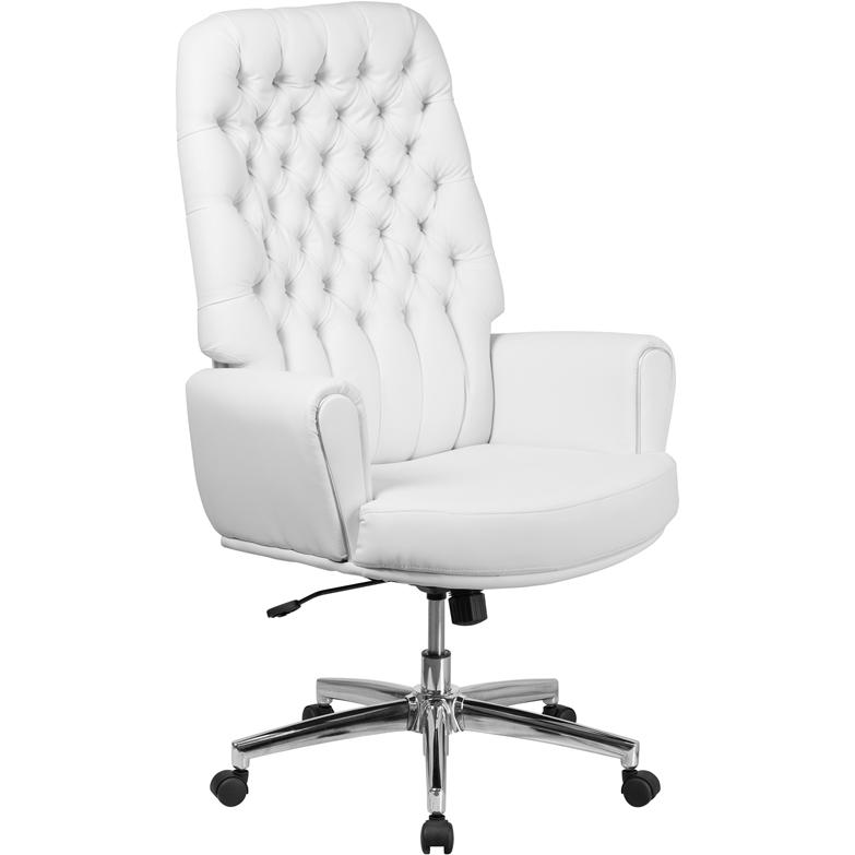 Traditional Tufted White Leather Executive Swivel Office Chair with Arms