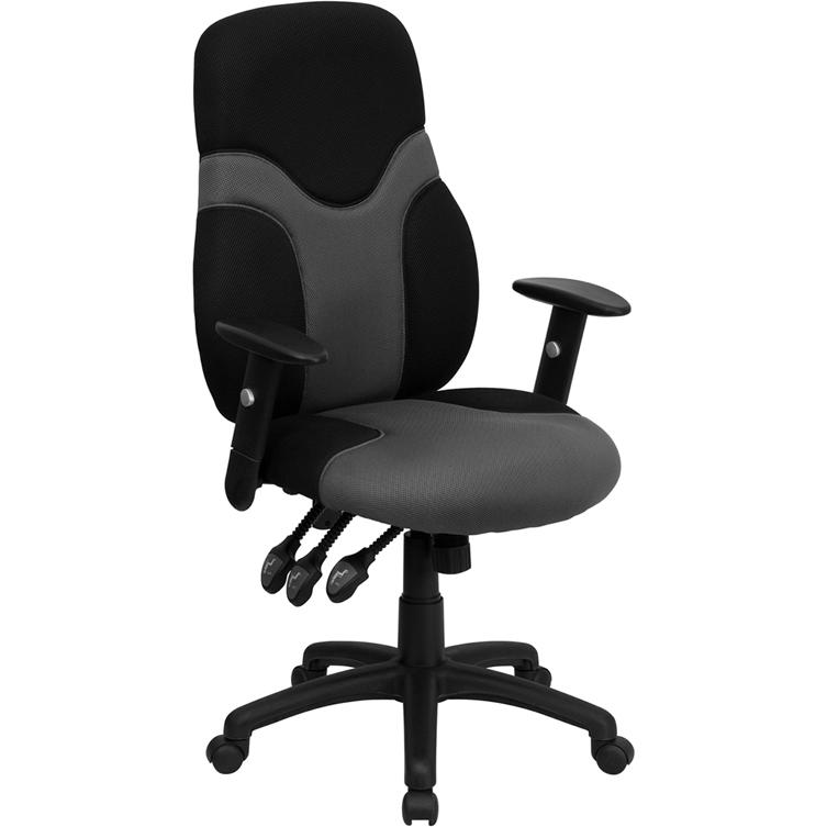 High Back Black and Gray Mesh Swivel Task Office Chair with Adjustable Arms. Picture 1