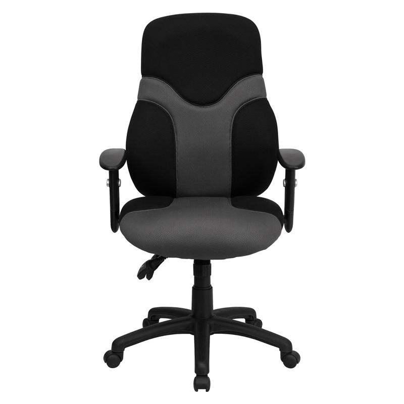 High Back Black and Gray Mesh Swivel Task Office Chair with Adjustable Arms. Picture 4