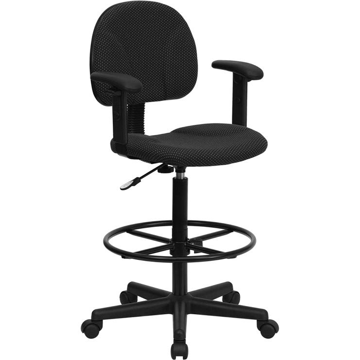 Black Patterned Fabric Drafting Chair with Adjustable Arms (Cylinders: 22.5''-27''H or 26''-30.5''H). The main picture.