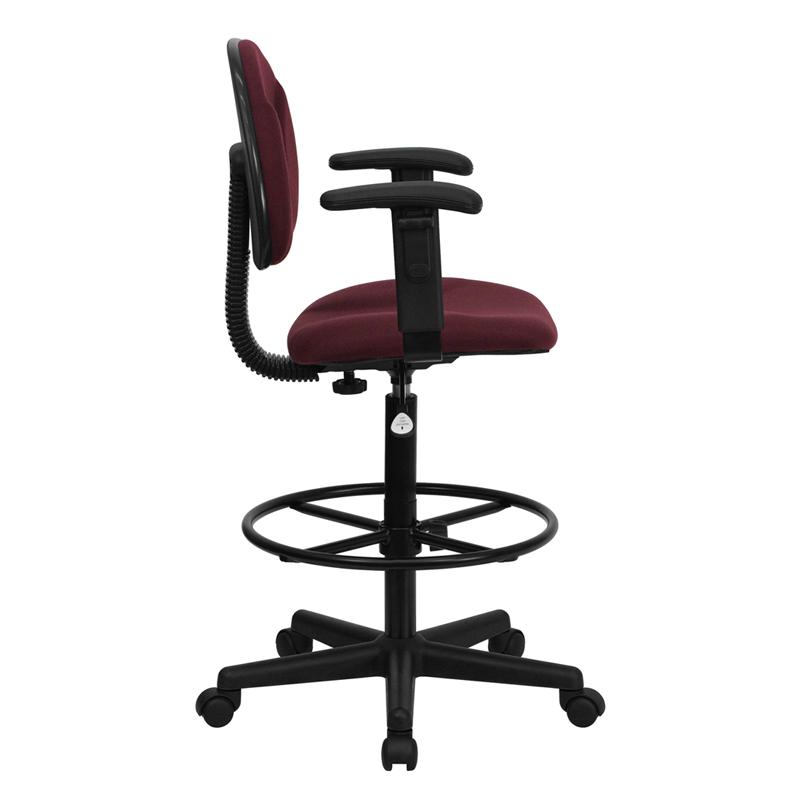 Burgundy Fabric Drafting Chair with Adjustable Arms (Cylinders: 22.5''-27''H or 26''-30.5''H). Picture 2