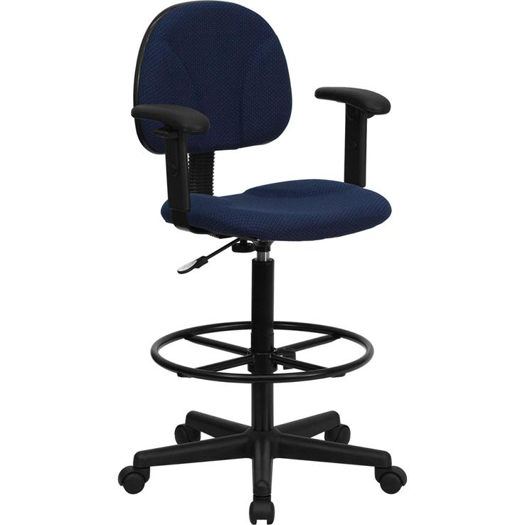 Navy Blue Patterned Fabric Drafting Chair with Adjustable Arms (Cylinders: 22.5''-27''H or 26''-30.5''H). Picture 1