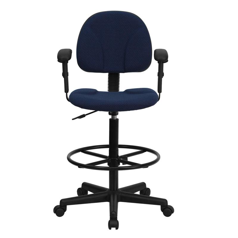 Navy Blue Patterned Fabric Drafting Chair with Adjustable Arms (Cylinders: 22.5''-27''H or 26''-30.5''H). Picture 4