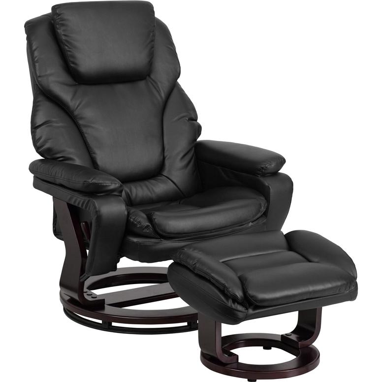 Recliner and Ottoman with Swivel Mahogany Wood Base in Black LeatherSoft. Picture 1