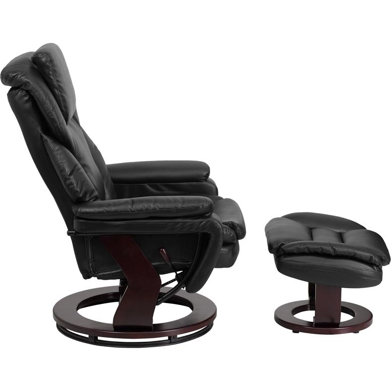Recliner and Ottoman with Swivel Mahogany Wood Base in Black LeatherSoft. Picture 2