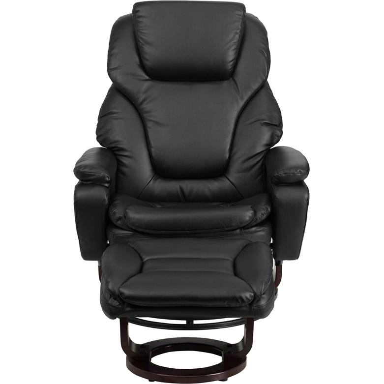 Recliner and Ottoman with Swivel Mahogany Wood Base in Black LeatherSoft. Picture 4