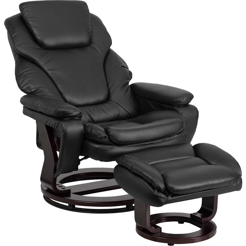 Recliner and Ottoman with Swivel Mahogany Wood Base in Black LeatherSoft. Picture 5