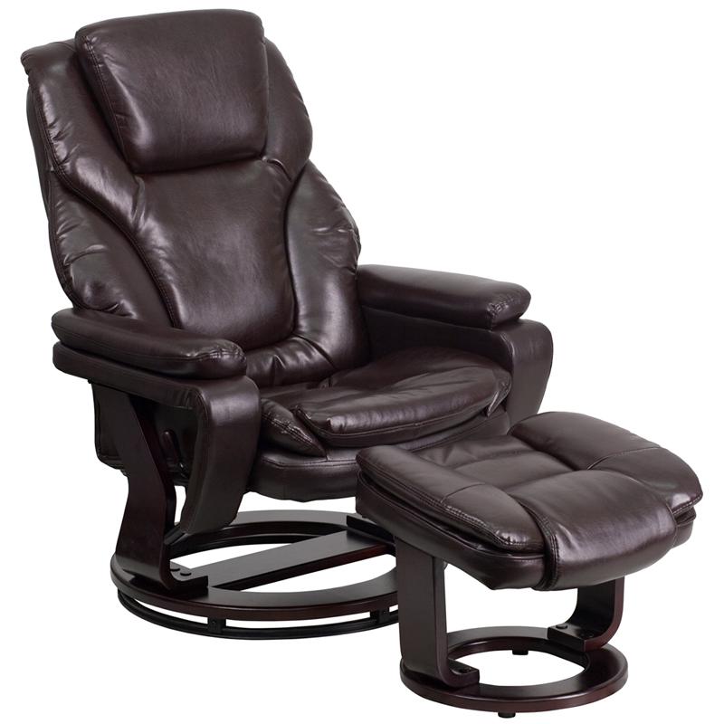 Recliner and Ottoman with Swivel Mahogany Wood Base in Brown LeatherSoft. Picture 1